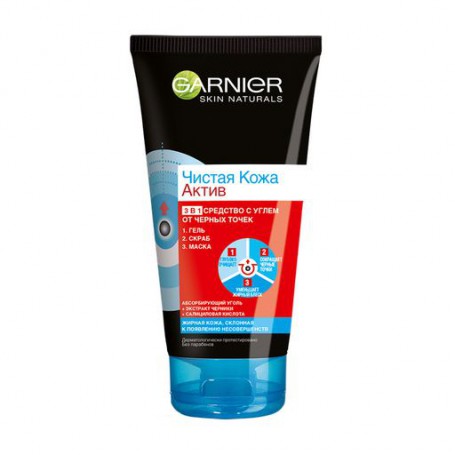 Гель для умывания Garnier Skin Naturals Чистая Кожа Актив 3 в 1 с углем, 150 мл