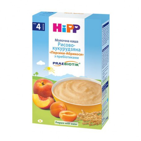 Детская молочная каша HiPP Рисово-кукурузная, персики-абрикосы, с пребиотиками, с 4 месяцев, 250 г (Товар критического импорта)