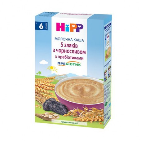 Детская молочная каша HiPP 5 злаков, с черносливом, с пребиотиками, с 6 месяцев, 250 г