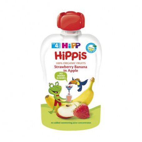 Детское фруктовое пюре HiPP HiPPiS Яблоко-клубника-банан, с 4 месяцев, 100 г (пауч) (Товар критического импорта)