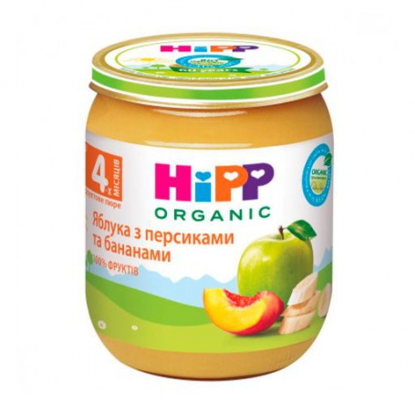 Детское фруктовое пюре HiPP Organic Яблоки с персиками и бананами, с 4 месяцев, 125 г
