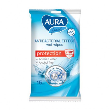 Влажные антибактериальные салфетки Aura Family Antibacterial, 15 шт