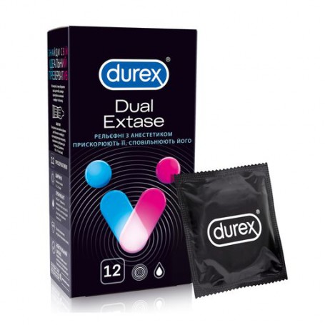 Презервативы Durex Dual Extase Рельефные с анестетиком Ускоряют ее, замедляют его, 12 шт