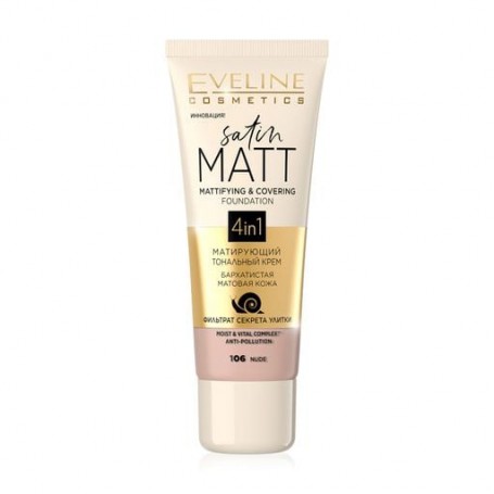 Матирующий тональный крем для лица Eveline Cosmetics Satin Matt Mattifying & Covering Foundation 4in1, тон 106 Nude, 30 мл