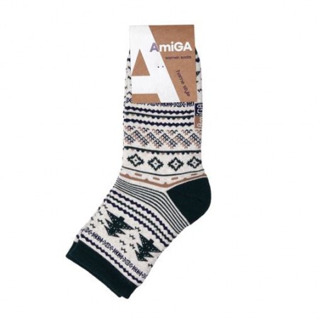 Носки женские AmiGА классические, махровые, молочные с рисунком елок, размер 23-25