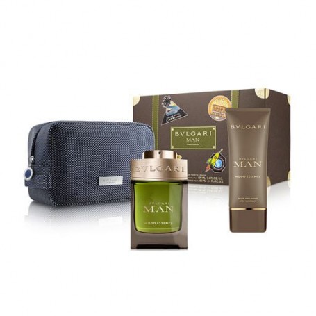 Парфюмированный набор мужской Bvlgari Man Wood Essence (парфюмированная вода, 100 мл + бальзам после бритья, 100 мл + косметичка