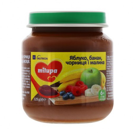 Детское фруктовое пюре Milupa Яблоко, банан, черника, малина, от 6 месяцев, 125 г