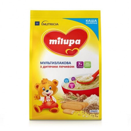 Детская быстрорастворимая молочная каша Milupa мультизлаковая с детским печеньем, от 7-ми месяцев, 210 г