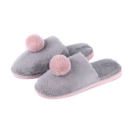 Женские комнатные тапочки Twins HS-LUX меховые, помпон, серые, размер 36-37