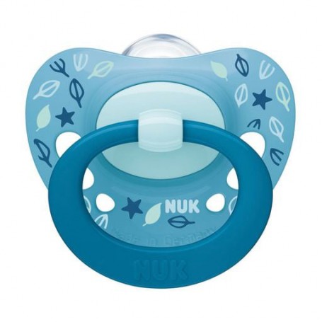 Пустышка силиконовая NUK Signature Листья, ортодонтическая, голубая, от 6 до 18 месяцев, 1 шт (3952348)