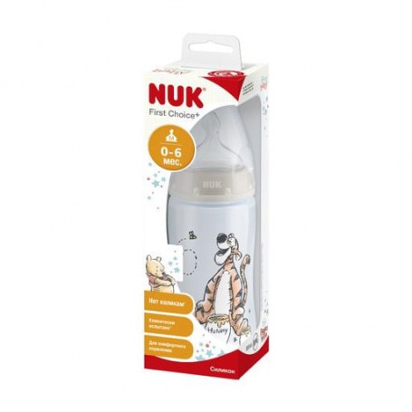Бутылочка для кормления NUK Diswin First Choice Plus Винни-Пух, c силиконовой соской, серая, от 0 до 6 мес, 300 мл (3952372)