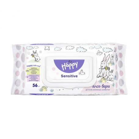Детские влажные салфетки Bella Baby Happy Sensitive с экстрактом алоэ, 56 шт
