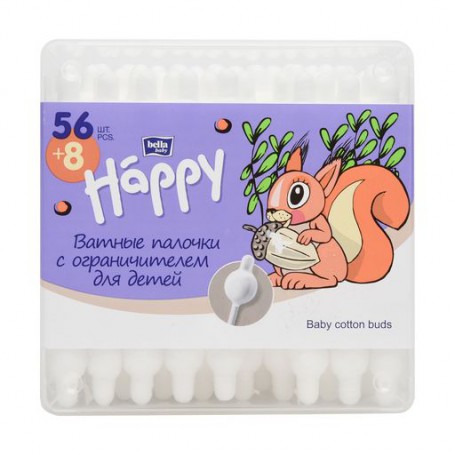 Палочки ватные гигиенические для детей Bella Baby Happy с бумажным стиком, 56+8 шт
