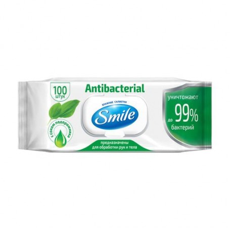 Влажные салфетки Smile Antibacterial с соком подорожника, з клапаном, 100 шт