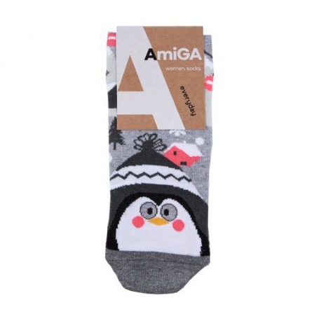 Носки женские AmiGА классические, серые пингвины, размер 23-25