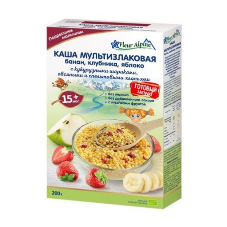 Детская безмолочная каша Fleur Alpine Мультизлаковая, банан, яблоко и клубника, с 15+ месяцев, 200 г