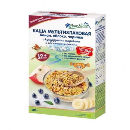 Детская безмолочная каша Fleur Alpine Мультизлаковая, банан, яблоко и черника, с 12 + месяцев, 200 г