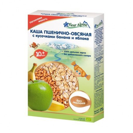 Детская безмолочная каша Fleur Alpine Пшенично-овсяная с кусочками банана и яблока, с 10 месяцев, 175 г