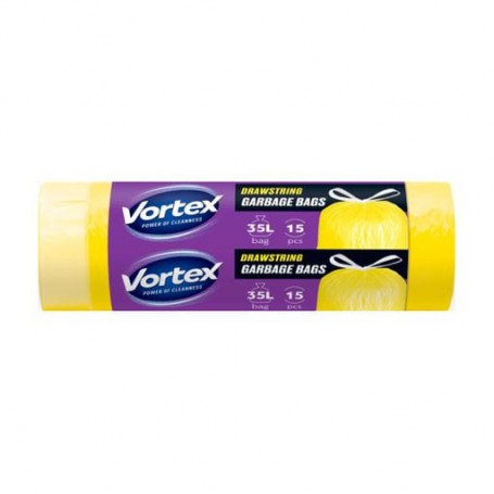 Пакеты для мусора Vortex HDРЭ с затяжкой, желтые, 35 л, 15 шт