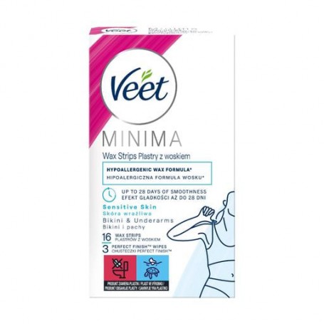 Восковые полоски для депиляции Veet Minima для чувствительной кожи, для линии бикини и подмышек, 16 шт