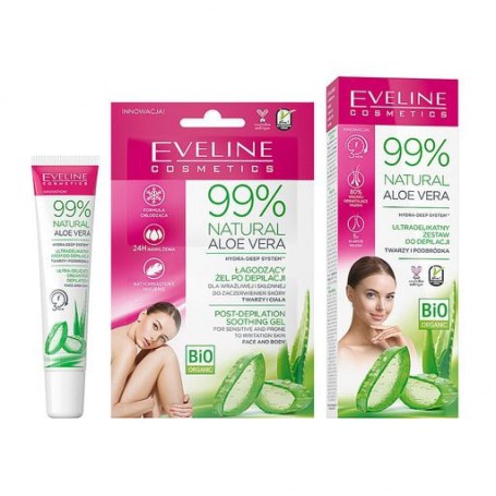Набор для депиляции лица Eveline Cosmetics 99% Natural Aloe Vera (крем для депиляции, 20 мл + гель после депиляции, 5 мл + шпате