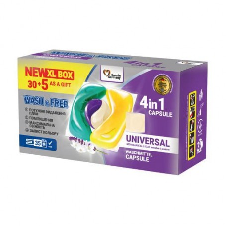 Капсулы для стирки Wash & Free Universal 4in1 Capsule Жасмин и лаванда с марсельским мылом, 35 стирок, 35 шт
