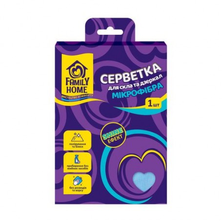 Салфетка для стекла и зеркал Family Home Shine Эффект, из микрофибры, 1 шт