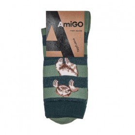 Носки мужские AmiGО классические, ленивец, зеленые полоски, размер 25
