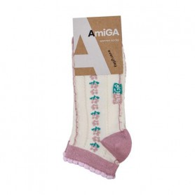 Носки женские AmiGA короткие, бежевые с пудровыми цветами, размер 23-25