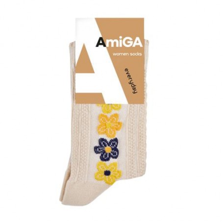 Женские носки AmiGA классические, желто-голубые цветы, размер 23-25