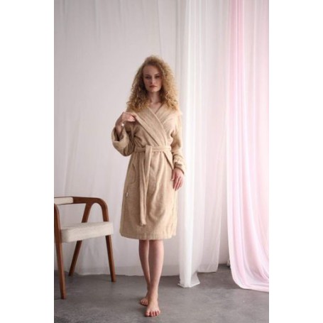 Халат махровый с капюшоном женский на запах Бежевый S (1006595)