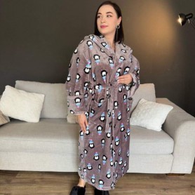 Халат женский плюшевый серый с пингвинами 54-58 р H22 Ananasko (982457)