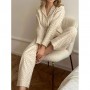 Пижамный комплект женский Twins Горох, фланель, штаны и кофта, молочный, размер L (13541)