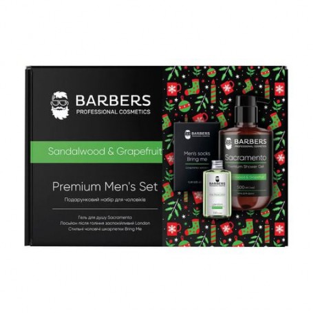 Подарочный новогодний набор для мужчин Barbers Sandalwood & Grapefruit Premium Men's Set (гель, 500 мл + лосьон, 100 мл + носки,