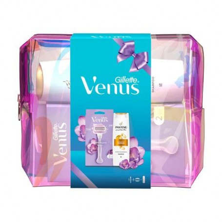 Подарочный набор женский Gillette Venus (станок + сменные катриджи, 2 шт + шампунь для волос Pantene Pro-V, 250 мл + косметичка)