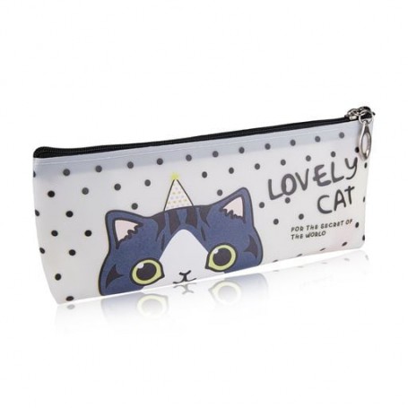 Косметичка Lovely Cat белая в черный горох, с серым котиком, 21*8.5 см (WnC2019-3)