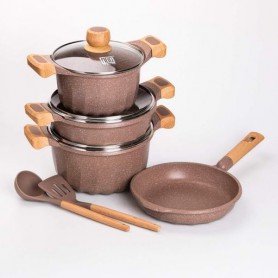 Набор посуды, 3 кастрюли, толстодонное алюминиевое дно MGC с лопаткой и половником, кофейный. (1089174)
