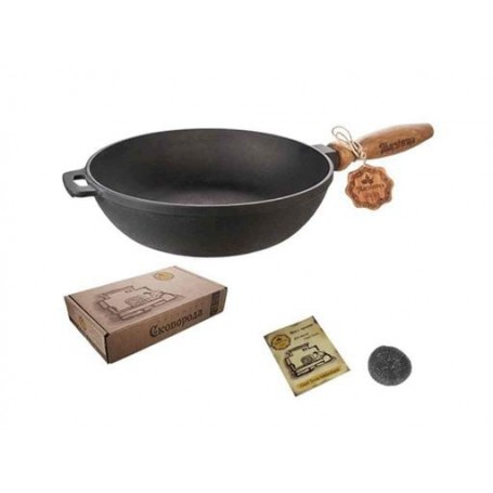 Сковорода чугунная литая 24 x 6см с деревянной ручкой Т304 (666538) (1094893)