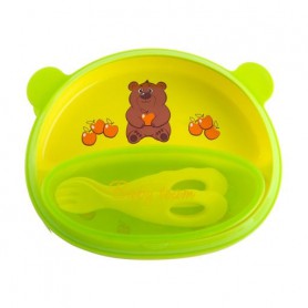 Детский набор для кормления Baby Team с 6 месяцев, салатовый (тарелка, 370 мл + контейнер с крышкой, 280 мл + ложка, 1 шт + вилк