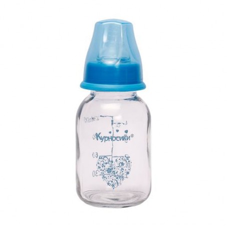 Бутылочка для кормления Курносики стеклянная, с силиконовой соской, с рождения, голубая, 130 мл (7010)