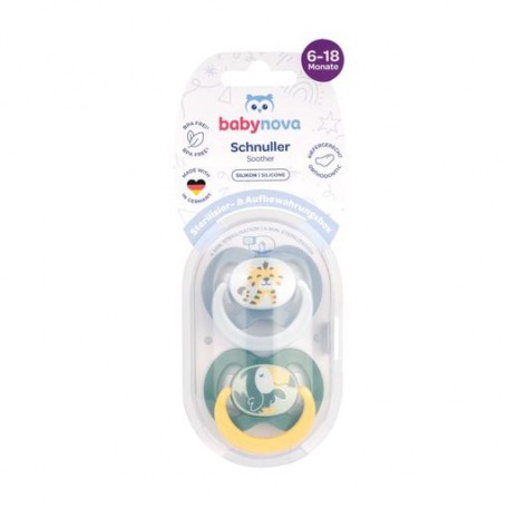 Пустышка круглая силиконовая Baby-Nova Wild Animals с кольцом и рисунком, зеленая и серая, от 6 до 18 месяцев, 2 шт (3962319)