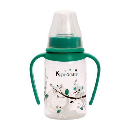 Бутылочка для кормления Курносики с двумя сосками S и М, с ручками, с рождения, зеленая, 125 мл (7009)