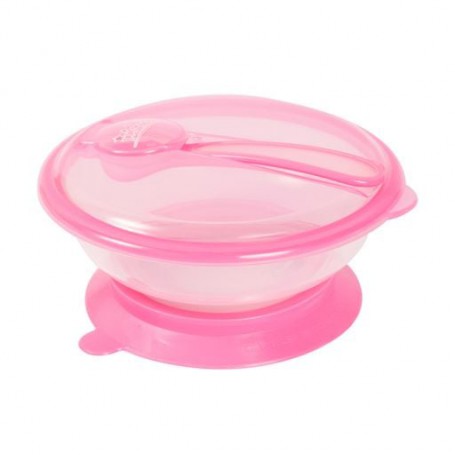 Детская тарелка на присоске Lindo РК 037 с крышкой и ложкой, розовая, 400 мл