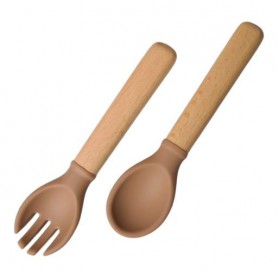 Приборы силиконовые детские OldBro ложка и вилка с деревянной ручкой, brown (1244014)