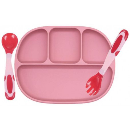Дитяча чотирисекційна силіконова тарілка та термочутлива ложка-вилка 2Life 700 мл Рожевий (vol-10239) (1251106)