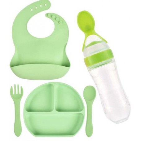 Набір силіконова три-секційна тарілка слинявчик ложка вилка пляшка-ложка 2Life Y3 5 шт Зелений (vol-9929) (1251227)