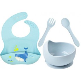 Набір 2Life тарілка Y5 для перших страв, прилади та силіконовий слинявчик з малюнком кита Блакитний (vol-10354) (1250739)