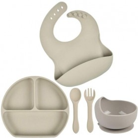 Набір силіконова тарілка слинявчик кругла тарілка для перших страв ложка вилка 2Life Y20 5 шт Бежевий (vol-9926) (1252349)