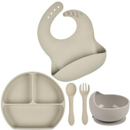Набір силіконова тарілка слинявчик кругла тарілка для перших страв ложка вилка 2Life Y20 5 шт Бежевий (vol-9926) (1252349)