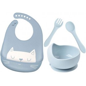 Набір 2Life кругла тарілка Y5 для перших страв, ложка та вилка силіконовий слинявчик з котом Блакитний (1250731)